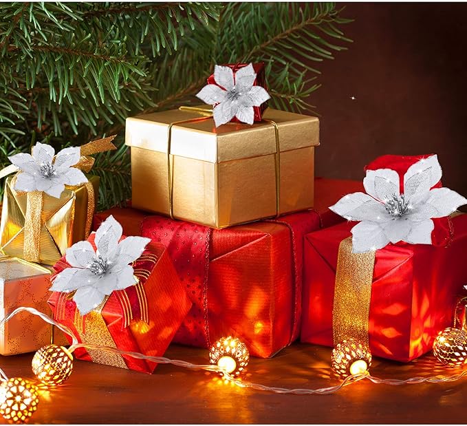 WILLBOND 24 Pcs 3 Size Poinsettia Flower Artificial Christmas Decor Glitter Poinsettia Christmas Ornaments Faux Flowers for Xmas Tree Outdoor(3.2/4/6 Inches,Silver)