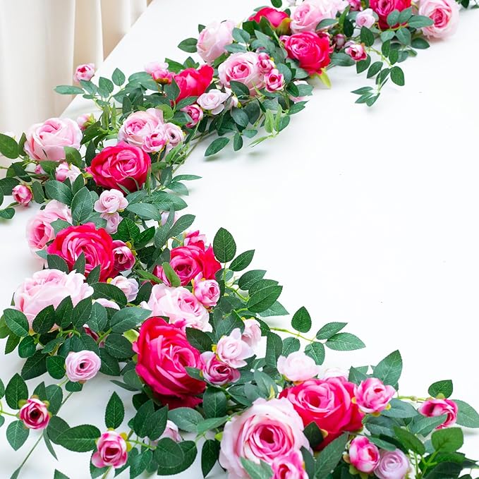 6FT Bendable Flower Garland, Artificial Rose Vine Hanging Floral Garland Decoration for Weding Home Room Wall Decor (Fushia, 2pcs)