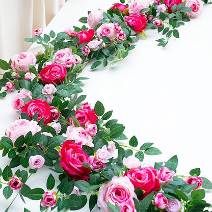 6FT Bendable Flower Garland, Artificial Rose Vine Hanging Floral Garland Decoration for Weding Home Room Wall Decor (Fushia, 2pcs)
