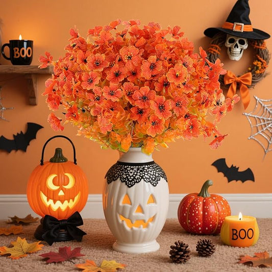 AmyHomie 16 Bundles Fall Orange Artificial Flowers for Outdoor Fall Decor UV Resistant Faux Flowers No Fade Fake Plastic Plants Garden Porch Window Box Decorating