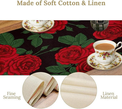 Red Rose Print Table Runner, Romantic Valentines Rose Summer Seasonal Dinner Runner Table Decoration for Home Kitchen Dining Holiday Wedding Party 13x90in