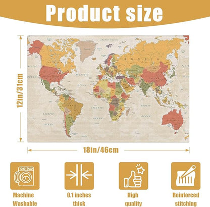 World Map Placemats Set of 6, Linen Place Mat Washable Stain Resistant Table Mats for Farmhouse Kitchen Dining Holiday Party Wedding Decor 12x18 Inch