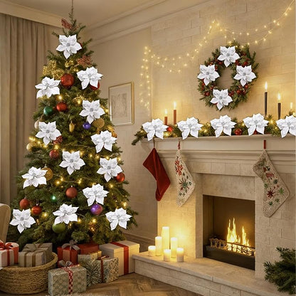 24 Pcs Christmas Poinsettia Flowers Artificial with Clips, 5.9" Christmas Decor Glitter Poinsettia Flowers for Christmas Tree New Year Wedding Party Wreath DIY Garland Decor (Sliver)