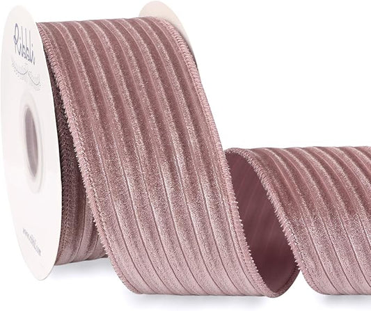 Ribbli Glossy Dusty Pink Velvet Wired Ribbon 2.5 Inch Striped Velvet Christmas Ribbon for Gift Wrapping Christmas Tree Decoration Crafts Wreaths Supplies-Continuous 10 Yards