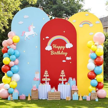 Rainbow Arch Backdrop Cover 7.2FT 6.6FT 6FT Stretchy Wedding Arch Covers Set of 3 Spandex Fitted Blue Yellow Red Fabric Backdrop Cover for Party Baby Shower Birthday Decoration
