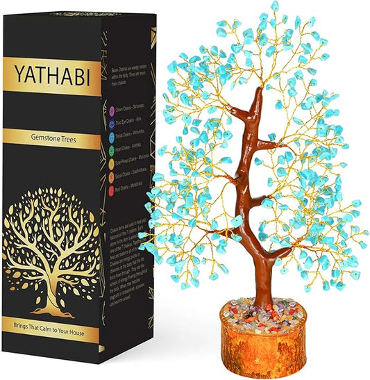 YATHABI Turquoise Crystal Sculpture - Feng Shui Money Tree - Good Luck, Positive Energy - Decorative Desk Accessory