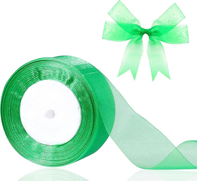 1.5 inch Sheer Organza Ribbon Green Chiffon Ribbon for Gift Wrapping Christmas Halloween Decoration Wedding Flower Bouquet Crafts 50 Yards