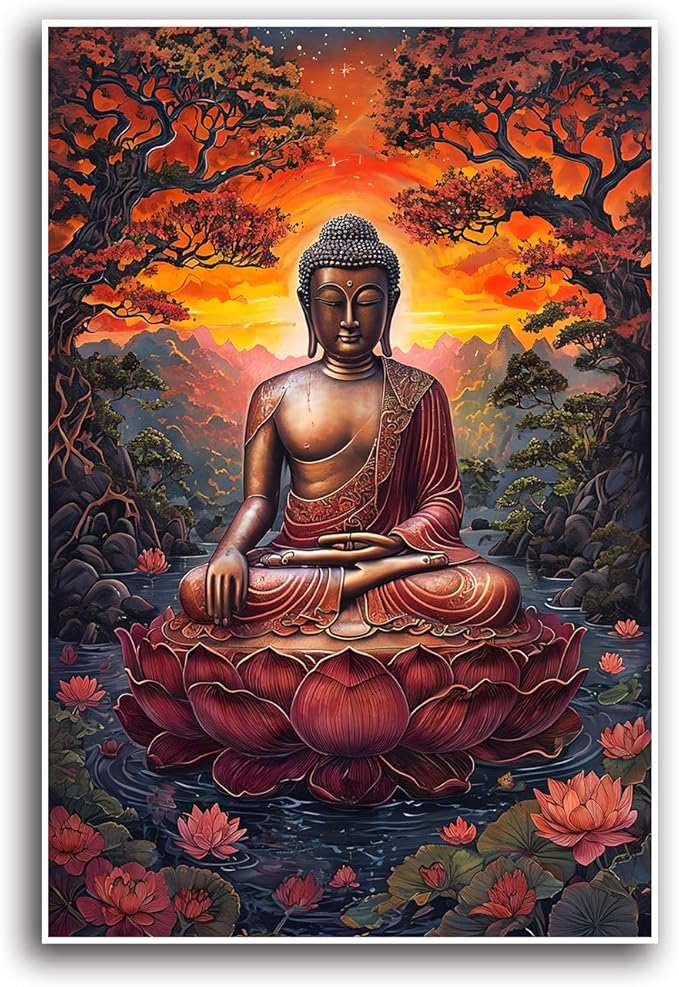 Golden Buddha on lotus seat serene meditation statue amidst lush trees flowing water and sunrise light spiritual home art for a tranquil decor 28x40in Frameless