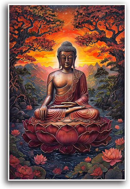 Golden Buddha on lotus seat serene meditation statue amidst lush trees flowing water and sunrise light spiritual home art for a tranquil decor 24x36in Frameless