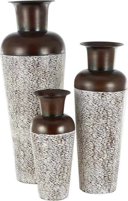 Deco 79 Metal Decorative Vase Tall Spotted Tapered Floor Centerpiece Vases with Brown Trumpet Tops, Set of 3 Flower Vases for Home Decoration 18", 39", 28" H, White