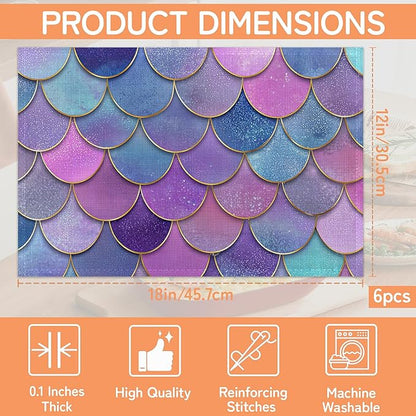 Glitter Fish Scales Placemat Set of 6,Mermaids Heat Resistant Linen Table Mats for Indoor Outdoor Home Kitchen Dining Room Table 12x18Inch