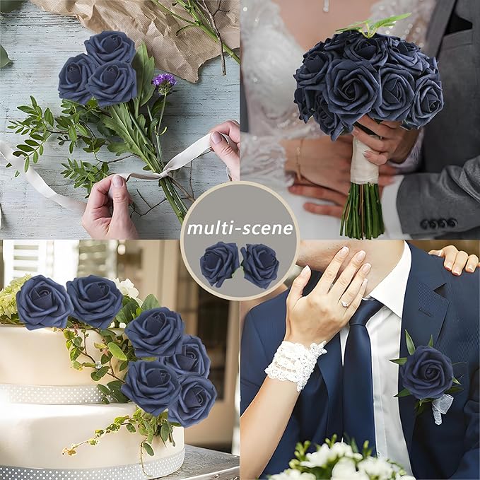 Artificial Flowers Navy Blue Roses 50PCS Real Looking Foam Fake Roses with Leaves and for DIY Wedding Bouquets Bridal Shower Centerpieces Party Decorations (Navy Blue)