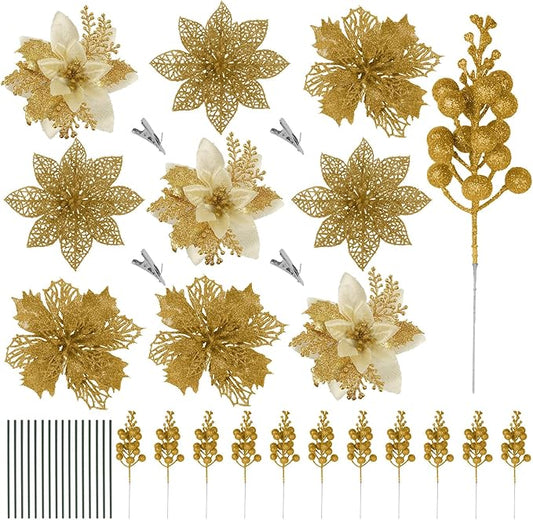 RECUTMS 66 Pcs 3 Styles Christmas Glitter Poinsettia Flowers Artificial Berry Picks Christmas Tree Ornaments Artificial Christmas Flowers with Clips for Xmas Wedding Wreath Floral Decorations (Gold)