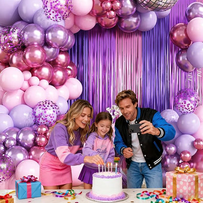 Purple Pink Balloon Garland Arch Kit Birthday Party Decorations, Music Themed Foil Fringe Curtains Backdrop Tinsel Streamer Photo Booth Props for Girls Butterfly Christmas Party Decor Supplies