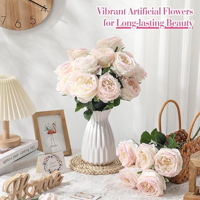 Giegxin 20 Pcs Real Touch Peonies Austin Roses Artificial Flowers, Faux Look Real Long Stems Fake Flower with Big Blooms for Christmas Valentines Wedding Party DIY Arrangement Home Decor(Light Pink)