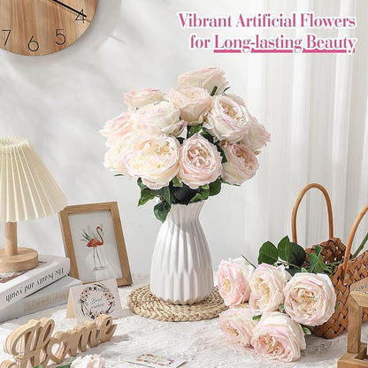 Giegxin 20 Pcs Real Touch Peonies Austin Roses Artificial Flowers, Faux Look Real Long Stems Fake Flower with Big Blooms for Christmas Valentines Wedding Party DIY Arrangement Home Decor(Light Pink)