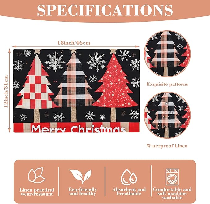 Merry Christmas Placemats Set of 4 Christmas Tree Snowflake Place Mats Washable Table Dinner Mats Linen Table Mats for Kitchen Dining Party Home Kitchen Decor 12x18 Inch