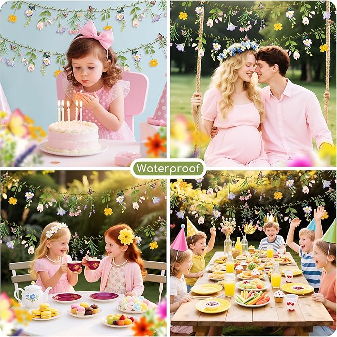 2PCS Flower Banner Reusable Wildflower Garland Floral for Spring Party Enchanted Garden Theme Picnic Wedding Baby Shower Birthday Tea Party Christmas Supplies Home Decorations