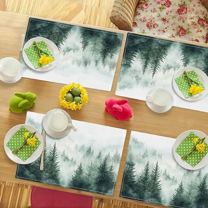 Misty Forest Placemats Set of 6, Green Tree Landscape Place Mats, Rustic Mountain Dining Table Mats, Washable Placemats for Kitchen Dining Room 18L'' × 12W''