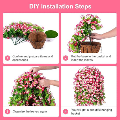 Artificial Faux Hanging Flowers Basket for Spring Summer Outdoor Porch Decor, Fake Silk Colorful Morning Glory Eucalyptus in Planter UV Resistant Look Real for Home Patio Balcony Yard(Pink)