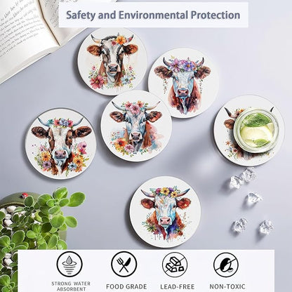 6 Pcs Coasters for Drinks with Holder, Highland Cows Flowers Absorbent Ceramic Coasters with Cork Base,Cute Funny Table Drinks Coasters Tabletop Protection Mat,Table Home Decor,4 Inches