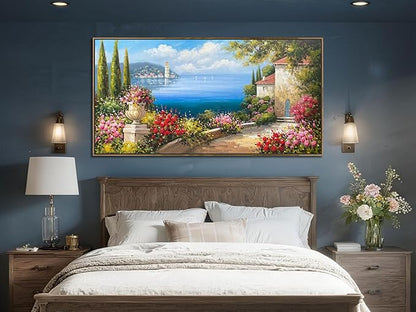 Arjun Large Wood Framed Landscape Wall Art Canvas Living Room Hand Painted, Mediterranean Seascape Painting Bedroom Flower Blue Ocean Picture Artwork Home Office Wall Decor, 48"x24"
