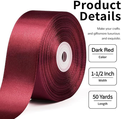 1-1/2 Inch Wide Dark Red Satin Ribbon, 50 Yards Solid Polyester Fabric Ribbon for Roses Making, Gift Wrapping, Christmas, Wedding Decorations, Crafts, Bows, Flower Bouquets