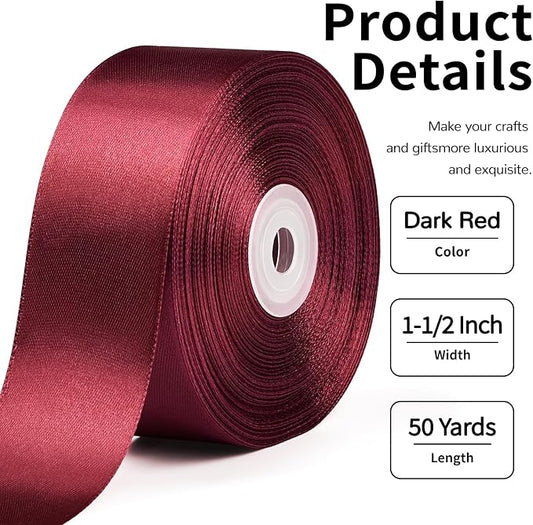 1-1/2 Inch Wide Dark Red Satin Ribbon, 50 Yards Solid Polyester Fabric Ribbon for Roses Making, Gift Wrapping, Christmas, Wedding Decorations, Crafts, Bows, Flower Bouquets