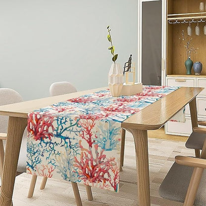 Blue Beach Table Runner, Tropical Ocean Coast Table Runner, Seashell Seasonal Nautical Restaurant Coffee Table Decorations for Home Holiday Party Indoor Outdoor 13x60 Inch