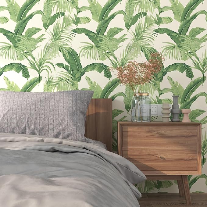 Green Leaf Wallpaper Peel and Stick, Beige Tropical Contact Paper 17.5" x 393.7", Palm Leaves Wall Paper Self Adhesive Waterproof Removable for Room Shelves Cabinet Drawer Table Decor