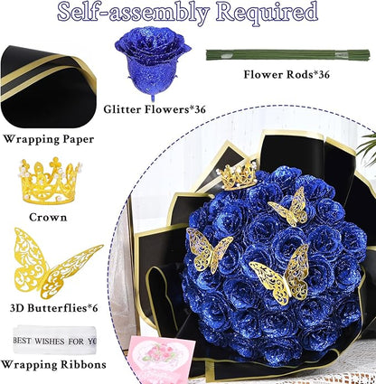 Waipfaru Glitter Roses Bouquet, DIY Fake Flowers Bouquet, Birthday Gifts for Women Mom, 36 Pcs Blue Rose for Grandma Wife Girlfriend Valentines, Mothers Day, Anniversary, Graduation