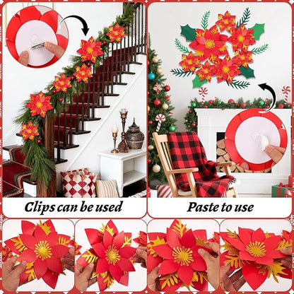 17PCS Christmas Paper Flower Wall Decoration Red Gold Poinsettia Large Flowers Artificial Christmas Flower Window Stickers Flower Window Wall Art Decals for Xmas Party, Living Room Door Xmas Tree