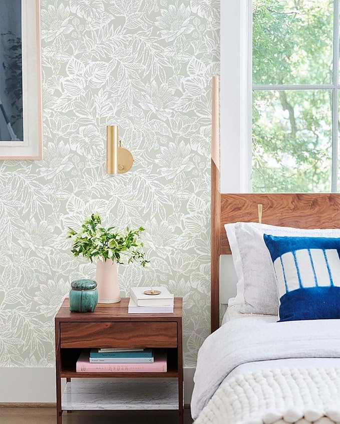 Peel and Stick Wallpaper Modern Wall Paper Boho Contact Paper Bedroom Bathroom Wallpaper Peel and Stick Light Green Tropical Leaf Removable Self-Adhesive Wall Decor 17.3" x 394"