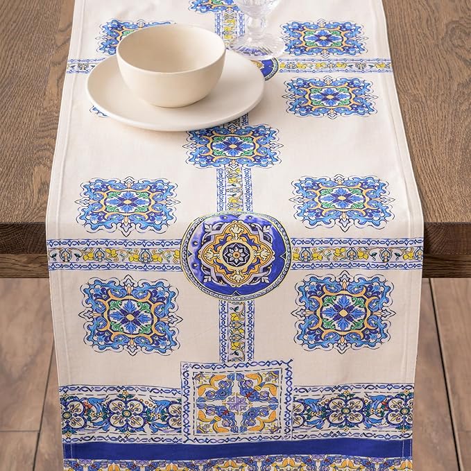 Maison d' Hermine Tablerunners 100% Combed Cotton Premium Table Runner Decorative Table Cover, Home, Kitchen, Parties & Camping, Sciacca, Double Layer - (14.50"x72")