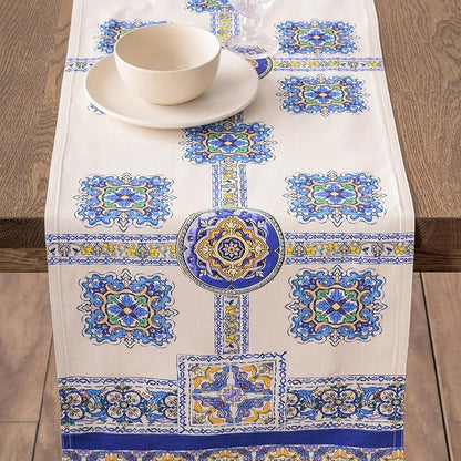 Maison d' Hermine Tablerunners 100% Combed Cotton Premium Table Runner Decorative Table Cover, Home, Kitchen, Parties & Camping, Sciacca, Double Layer - (14.50"x72")