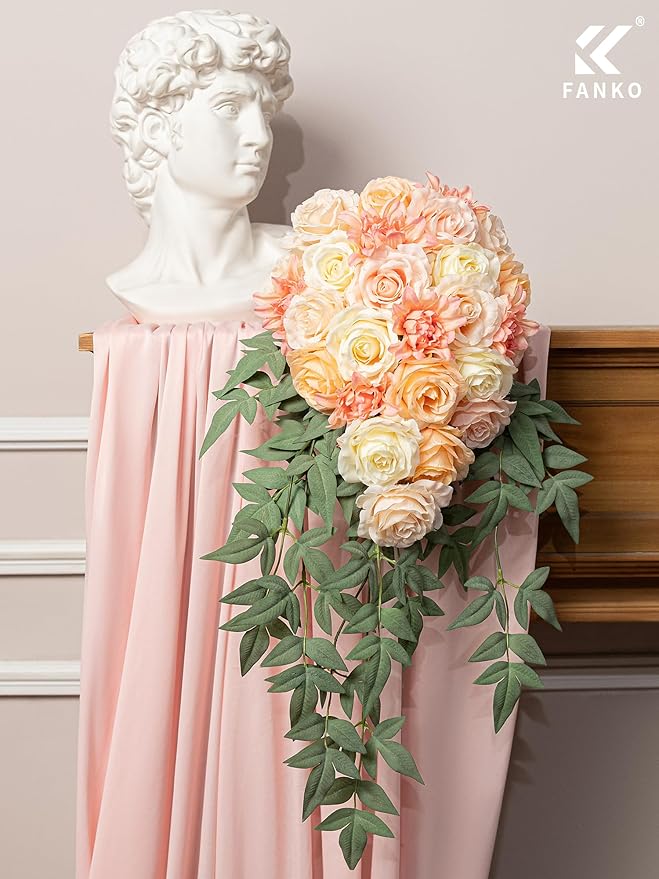 FANKO Artificial Flowers Fake Rose Combo, 5 Mixed Silk Flowers Bouquet Yellow Champagne Rose Cream Roses, Pink Dahlia for DIY Wedding Bridal Bouquets/Centerpieces/Home Decorations