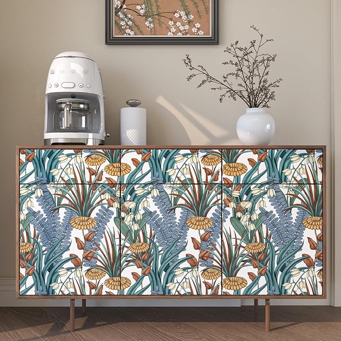 Boho Floral Peel and Stick Wallpaper, Vintage Botanical Contact Paper, Self Adhesive Wall Mural 17.5" x 393.7" Tropical Wall Paper Waterproof Removable for Bedroom Walls Cabinet (White, Orange, Blue)