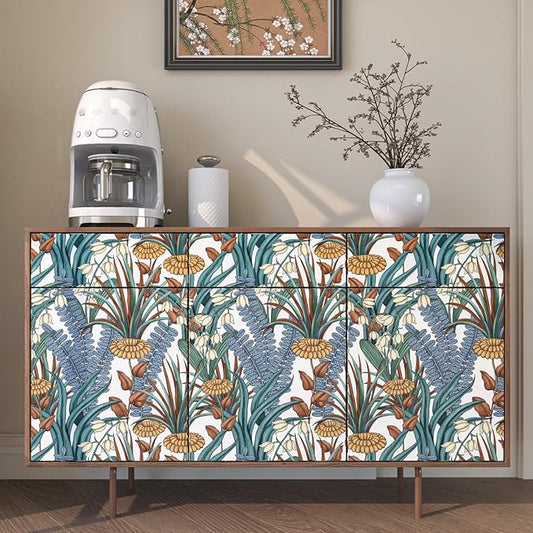Boho Floral Peel and Stick Wallpaper, Vintage Botanical Contact Paper, Self Adhesive Wall Mural 17.5" x 393.7" Tropical Wall Paper Waterproof Removable for Bedroom Walls Cabinet (White, Orange, Blue)