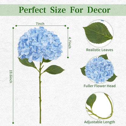 8 Pcs Blue Hydrangea Artificial Flowers, Latex Real Touch Hydrangea Flowers, 19.6'' Full Faux Hydrangea Flowers Fake Flowers for Home Decor Party Wedding Centerpiece Bouquet Floral Arrangements