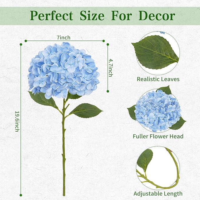 6 Pcs Blue Hydrangea Artificial Flowers, Latex Real Touch Hydrangea Flowers, 19.6'' Full Faux Hydrangea Flowers Fake Flowers for Home Decor Party Wedding Centerpiece Bouquet Floral Arrangements