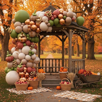 Fall Balloon Garland Arch Kit, Burnt Orange Green Sand Ivory White Metallic Champagne Gold Balloons Garland kit for Thanksgiving Autumn Fall Birthday Baby Shower Party Decorations