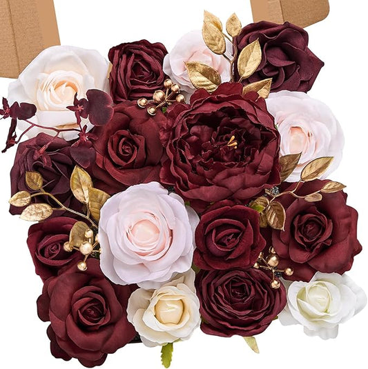 Serwalin Artificial Flowers Silk Fake Flowers Roses for DIY Wedding Bouquets Centerpieces Arrangements Party Bridal Baby Shower Home Decorations Cake Flowers (Burgundy & Pink)
