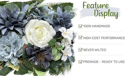 Wedding Arch Flowers with Drapes Kit (Pack of 5) - 2pcs Artificial Dusty Blue & Cream Deluxe Swag with 3pcs Hanging Drapes for Wedding Ceremony Arbor Reception Backdrop Rose Floral Decorations
