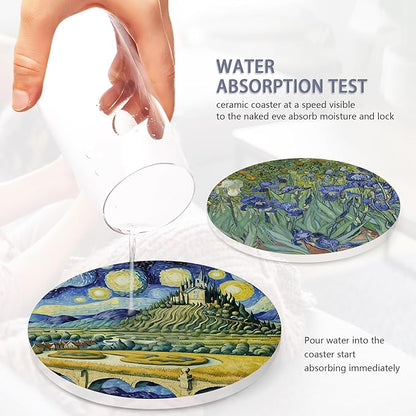 Drink Coasters Set of 6 with Holder, Van Gogh Style Absorbent Ceramic Coasters with Cork Base,Fit All Cups,Great Gift for Housewarming,Room Decor,Bar,Holiday Party