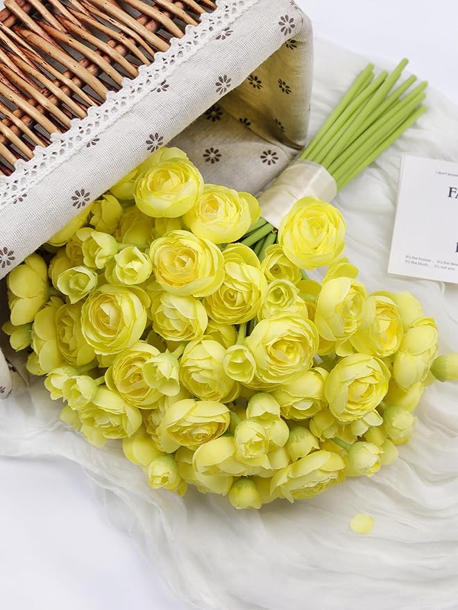 Meldel 32Pcs Ranunculus Artificial Flower Mini Rose, Faux Yellow Ranunculus Flowers for DIY Bouquet, Bulk Fake Peony Wedding Filler Flowers for Centerpieces Arrangements Bridal Shower Decorations