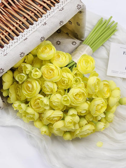 Meldel 32Pcs Ranunculus Artificial Flower Mini Rose, Faux Yellow Ranunculus Flowers for DIY Bouquet, Bulk Fake Peony Wedding Filler Flowers for Centerpieces Arrangements Bridal Shower Decorations
