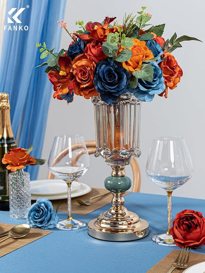 FANKO Artificial Flowers Gradient Orange Rose: Mixed Fake Silk Flowers Combo Dusty & Navy Blue Rose Orchid Vintage Assorted Blooms for DIY Wedding Bridal Bouquets/Centerpieces/Home Decor
