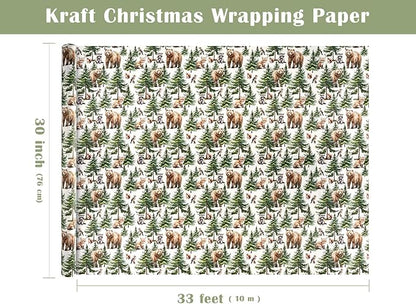 WRAPAHOLIC 30 Inch Kraft Christmas Wrapping Paper - 30 Inch x 33 Feet - White Wild Animal Winterfall Watercolor and Christmas Tree Wrapping Paper Perfect for Holiday, Party