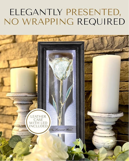 Forever Rose Hand-Dipped in 24K Gold, Opal-Inspired October Birthstone with Sparkles, Real Rose in Leather Case with LED Light – Perfect Ready to Gift for October Birthday or Any Occasion