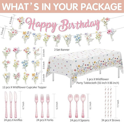 Wildflower Party Supplies, Floral Party Decorations Tableware, Plate, Napkins, Cup, Cutlery, Tablecloth, Backdrop, Banner, Spring Summer Flower Decorations For Birthday, Baby Shower, Serve 24